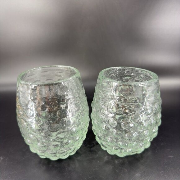 Hand Blown Stemless Drinking Cups Tumbler Set 2 Recycle Glass Green Tint Glasses - Picture 11 of 16